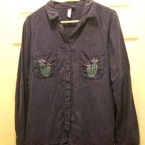 Francesca Alya Blue Shirt Blouse with Embroidered Cactus on Pockets